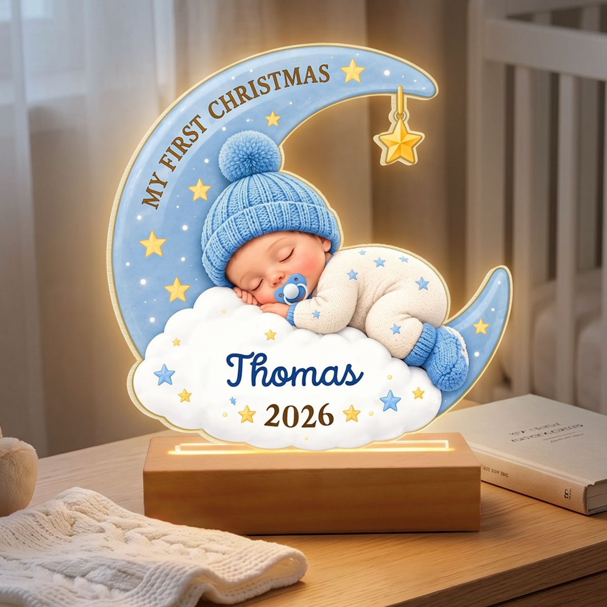 A Little Star Shines Bright on My First Christmas - Personalized Acrylic Night Light, Sleeping Baby Moon Lamp, Newborn Christmas Gift, Nursery Nightlight