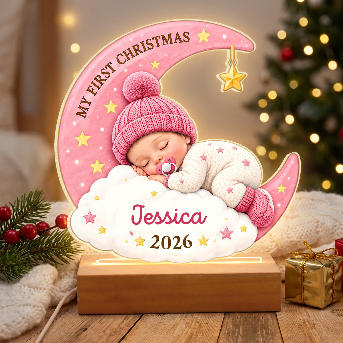 A Little Star Shines Bright on My First Christmas - Personalized Acrylic Night Light, Sleeping Baby Moon Lamp, Newborn Christmas Gift, Nursery Nightlight