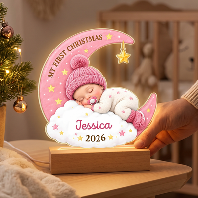 A Little Star Shines Bright on My First Christmas - Personalized Acrylic Night Light, Sleeping Baby Moon Lamp, Newborn Christmas Gift, Nursery Nightlight