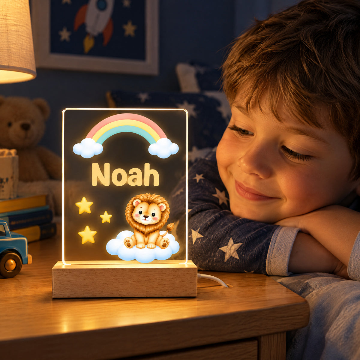 Personalized lion acrylic night light with name Noah as a smiling boy rests his chin on his arms beside it