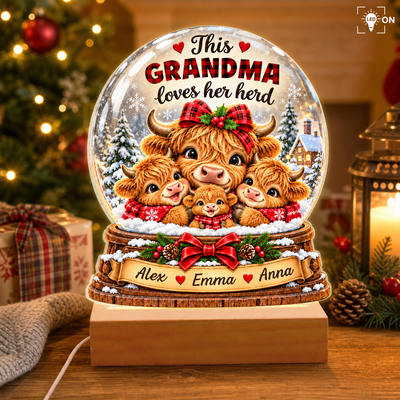 Snow Globe Highland Cow This Grandma Loves Her Herd - Personalized Acrylic Night Light, Gift For Family, Christmas Gift
