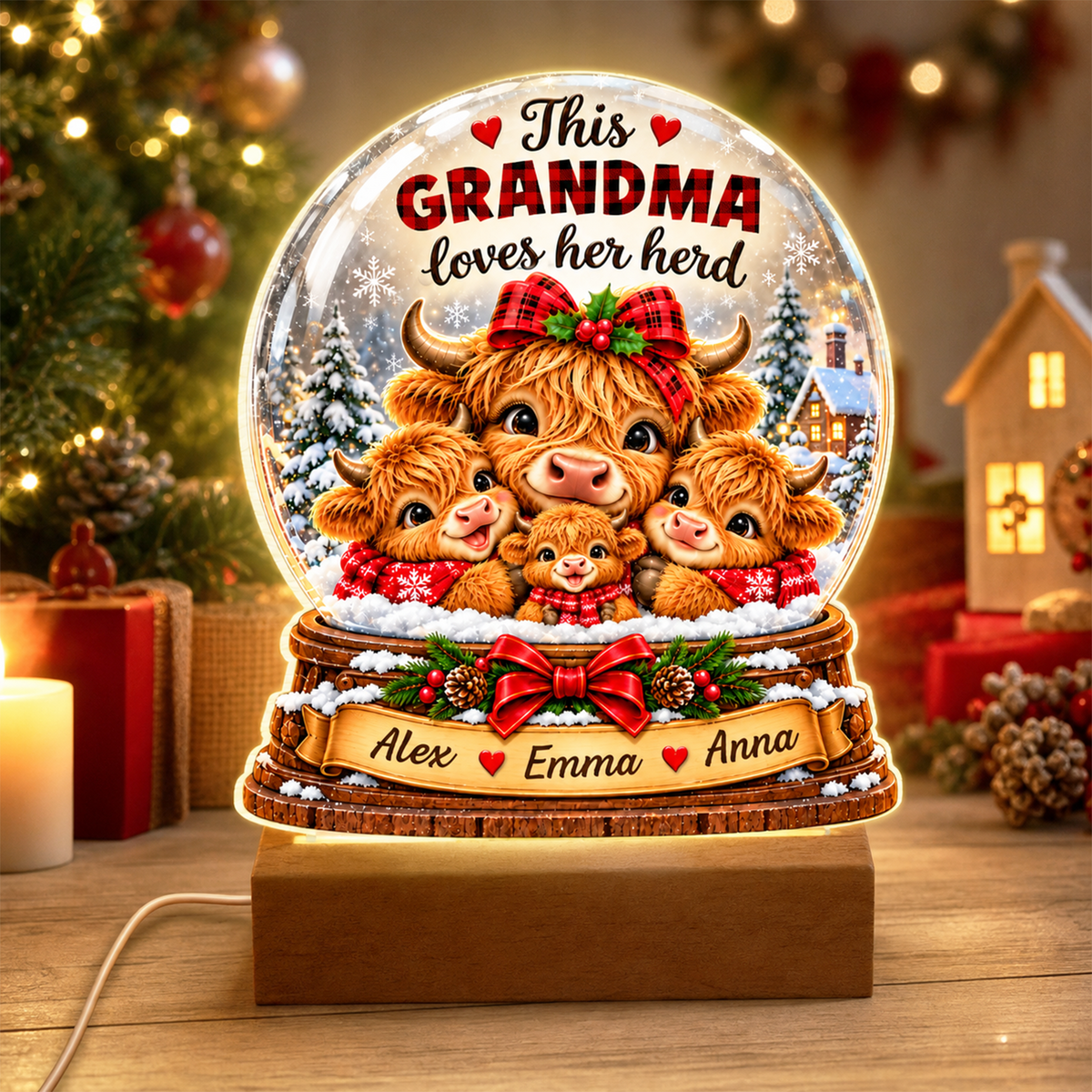 Snow Globe Highland Cow This Grandma Loves Her Herd - Personalized Acrylic Night Light, Gift For Family, Christmas Gift