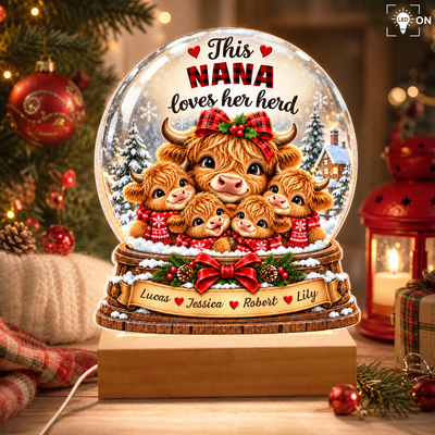 Snow Globe Highland Cow This Grandma Loves Her Herd - Personalized Acrylic Night Light, Gift For Family, Christmas Gift