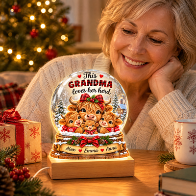 Snow Globe Highland Cow This Grandma Loves Her Herd - Personalized Acrylic Night Light, Gift For Family, Christmas Gift