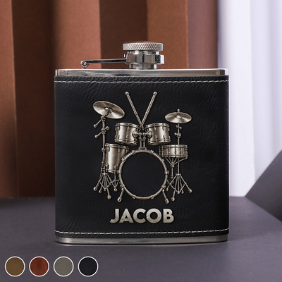 Eat Sleep Drum Repeat - Personalized Leather Hip Flask, Gift For Drum Lovers, Music Lovers Gift