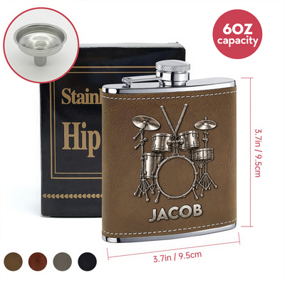 Eat Sleep Drum Repeat - Personalized Leather Hip Flask, Gift For Drum Lovers, Music Lovers Gift