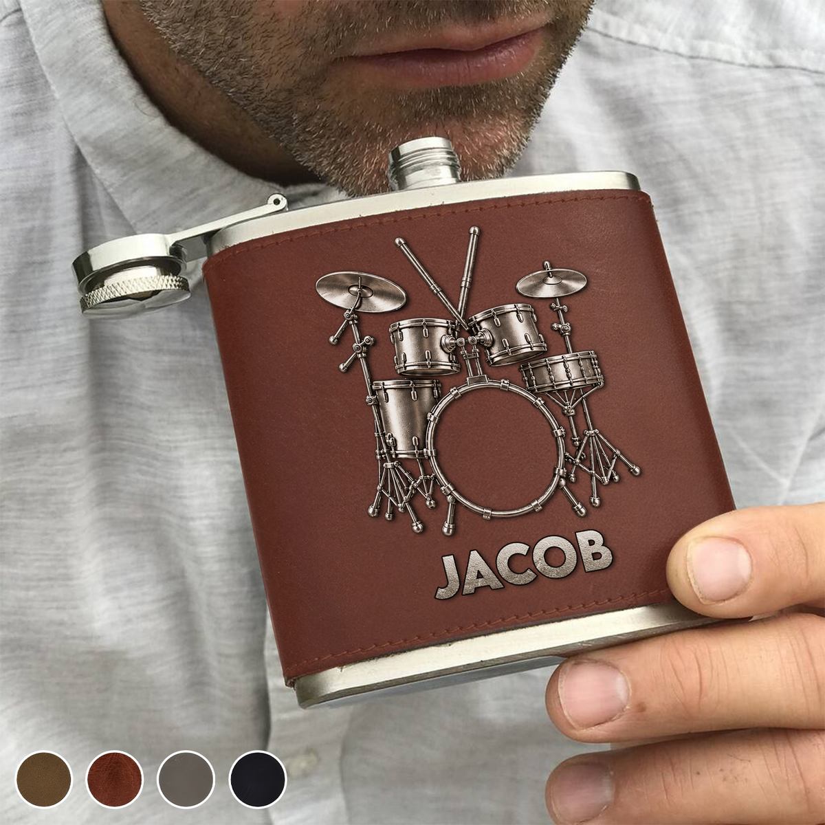 Eat Sleep Drum Repeat - Personalized Leather Hip Flask, Gift For Drum Lovers, Music Lovers Gift