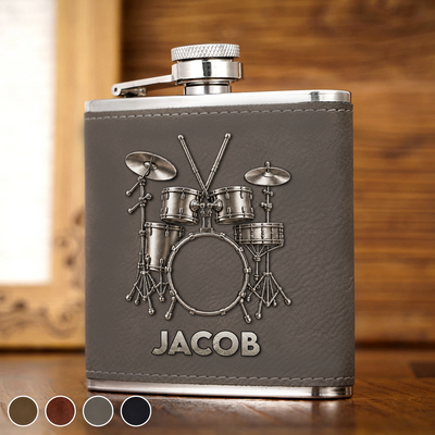 Eat Sleep Drum Repeat - Personalized Leather Hip Flask, Gift For Drum Lovers, Music Lovers Gift