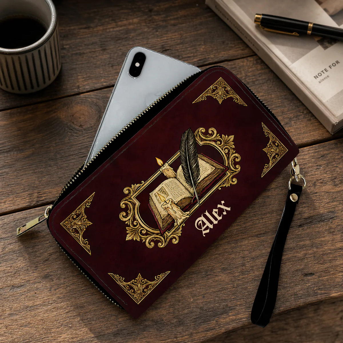 A Chapter of Your Own - Personalized Leather Long Wallet, Custom Name Book Lover Wallet, Antique Book and Quill Design, Literary Gift, Reader Gift