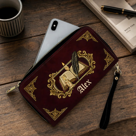 A Chapter of Your Own - Personalized Leather Long Wallet, Custom Name Book Lover Wallet, Antique Book and Quill Design, Literary Gift, Reader Gift