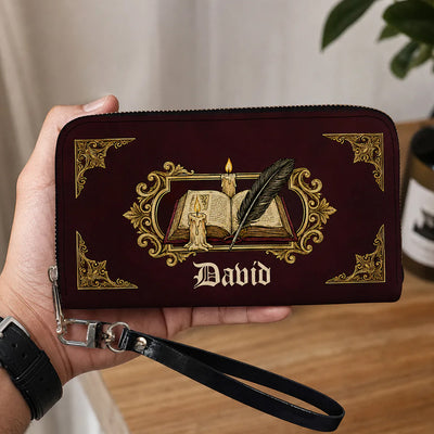 A Chapter of Your Own - Personalized Leather Long Wallet, Custom Name Book Lover Wallet, Antique Book and Quill Design, Literary Gift, Reader Gift