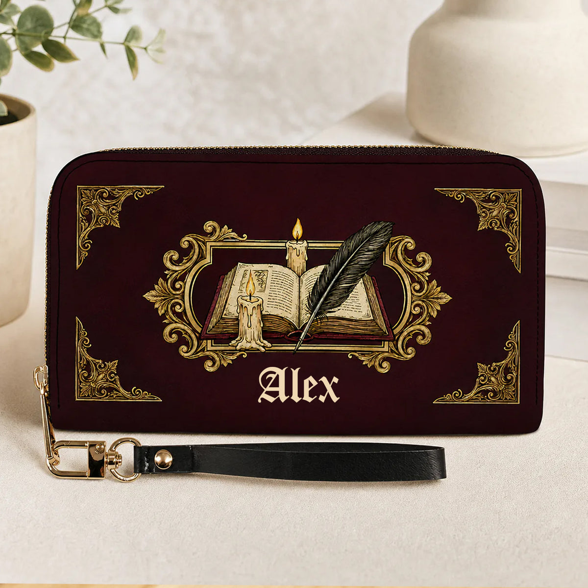A Chapter of Your Own - Personalized Leather Long Wallet, Custom Name Book Lover Wallet, Antique Book and Quill Design, Literary Gift, Reader Gift