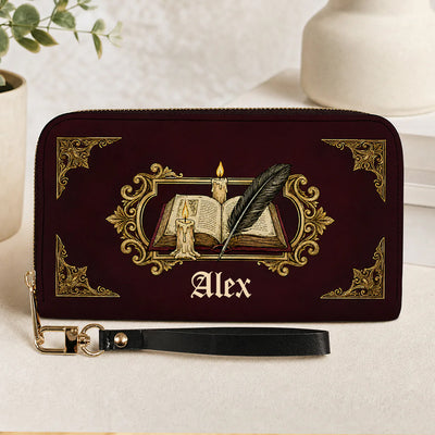 A Chapter of Your Own - Personalized Leather Long Wallet, Custom Name Book Lover Wallet, Antique Book and Quill Design, Literary Gift, Reader Gift