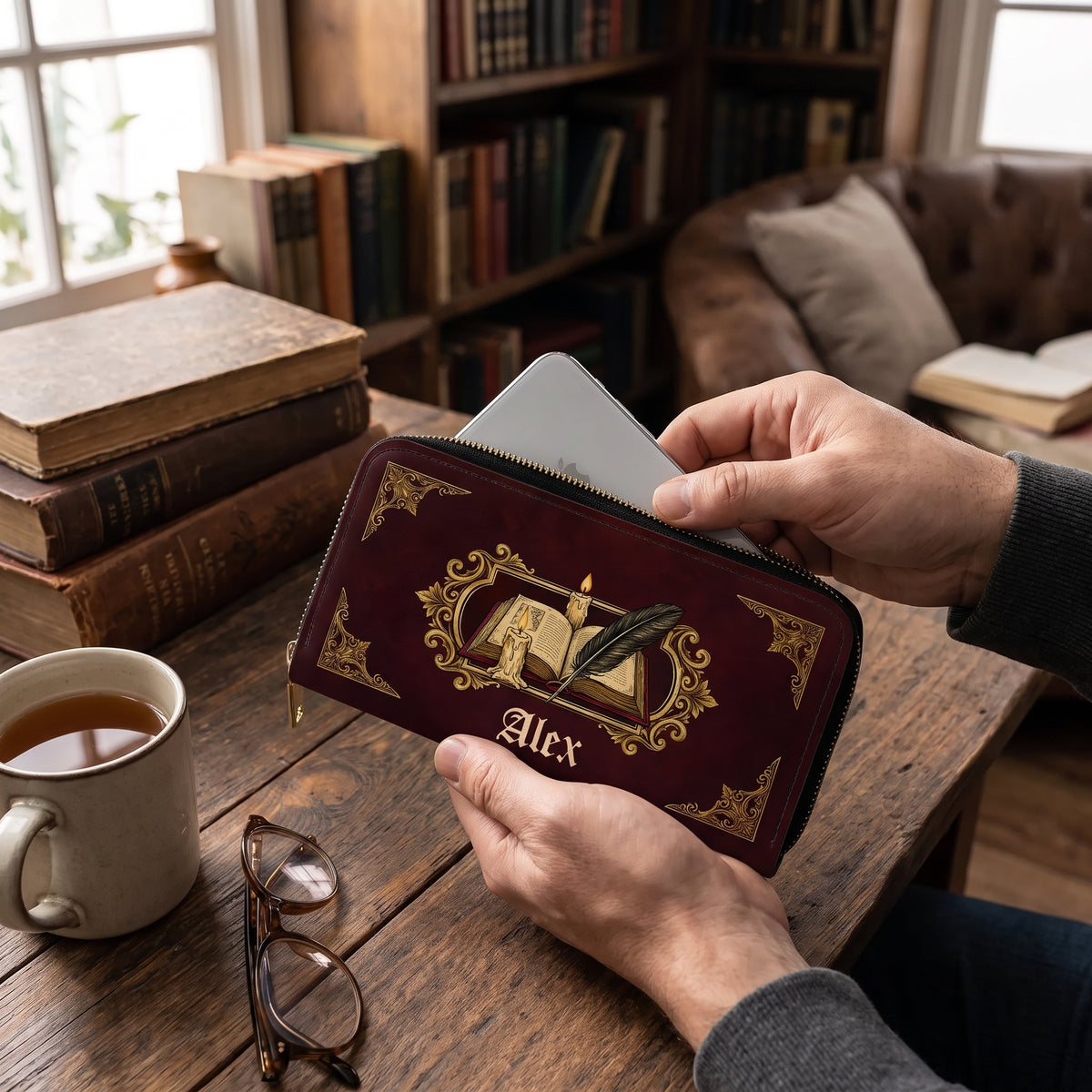 A Chapter of Your Own - Personalized Leather Long Wallet, Custom Name Book Lover Wallet, Antique Book and Quill Design, Literary Gift, Reader Gift