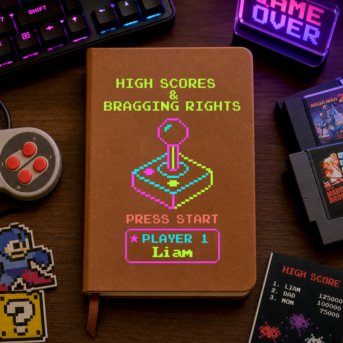 Retro Arcade Scorebook - Personalized Leather Journal, Gift For Game Lovers, Funny Game Scores Gift