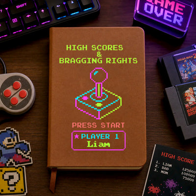 Retro Arcade Scorebook - Personalized Leather Journal, Gift For Game Lovers, Funny Game Scores Gift
