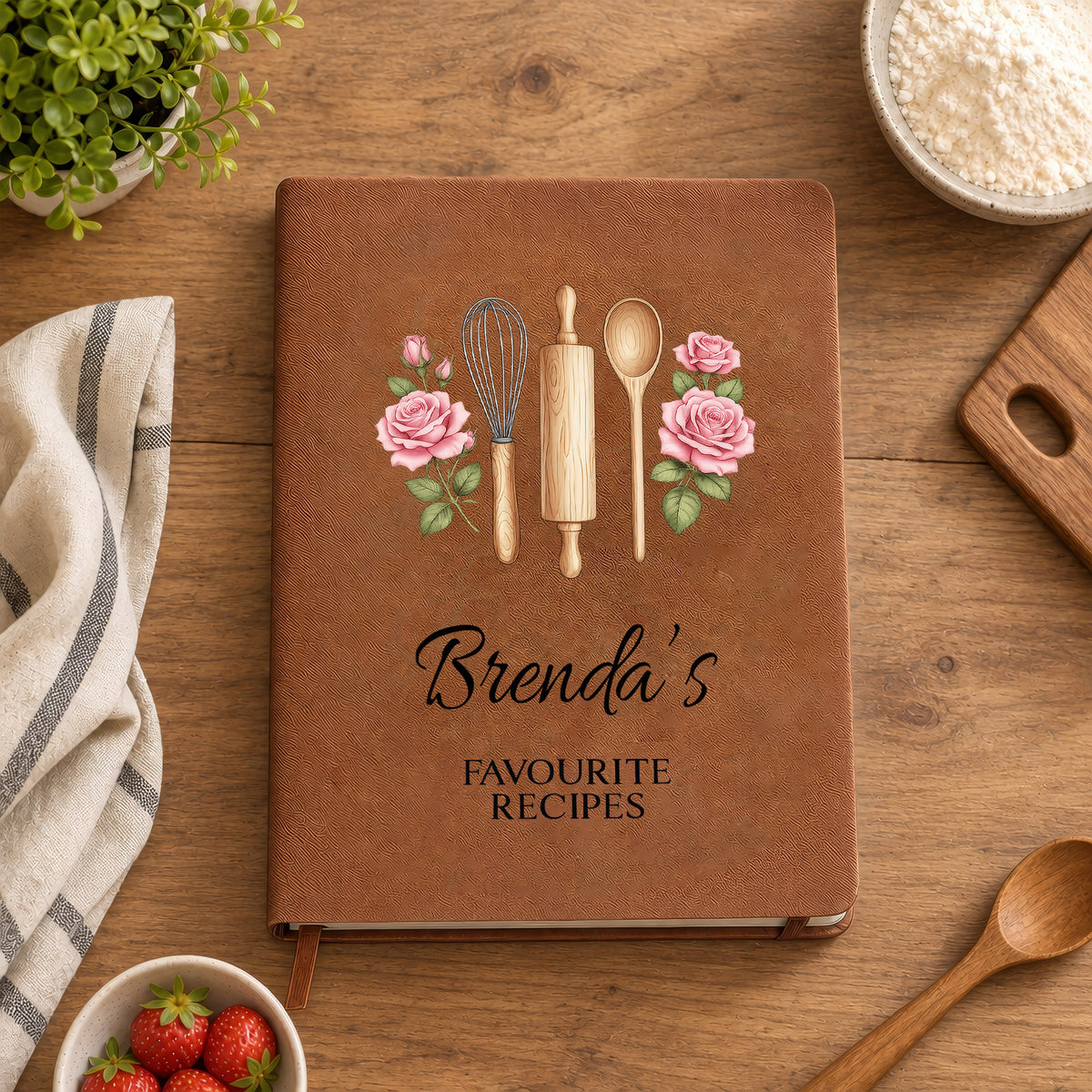 Recipe Journal with Birth Flowers- Personalized Leather Journal,  Cooking Lover Custom Name Gift, Special Gift for Home Cooks