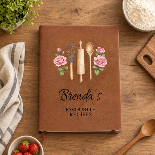 Recipe Journal with Birth Flowers- Personalized Leather Journal,  Cooking Lover Custom Name Gift, Special Gift for Home Cooks