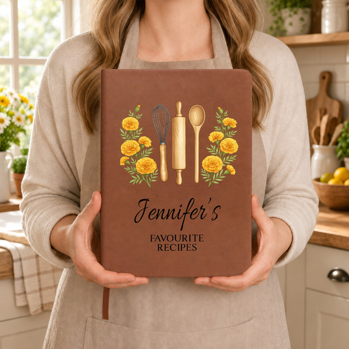 Recipe Journal with Birth Flowers- Personalized Leather Journal,  Cooking Lover Custom Name Gift, Special Gift for Home Cooks