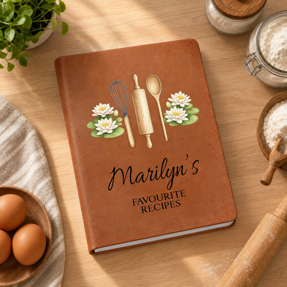 Recipe Journal with Birth Flowers- Personalized Leather Journal,  Cooking Lover Custom Name Gift, Special Gift for Home Cooks