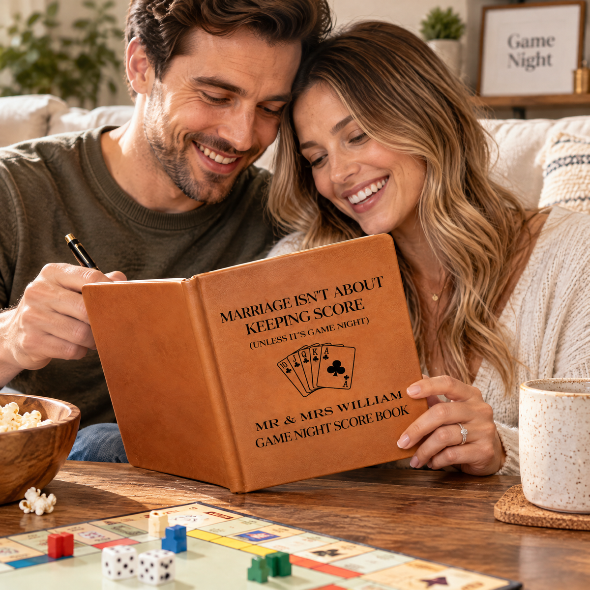 Custom Family Game Night Gifts - Personalised Leather Journal, Score Book for Couples Board,  Wedding Gift For New Mr &amp; Mrs