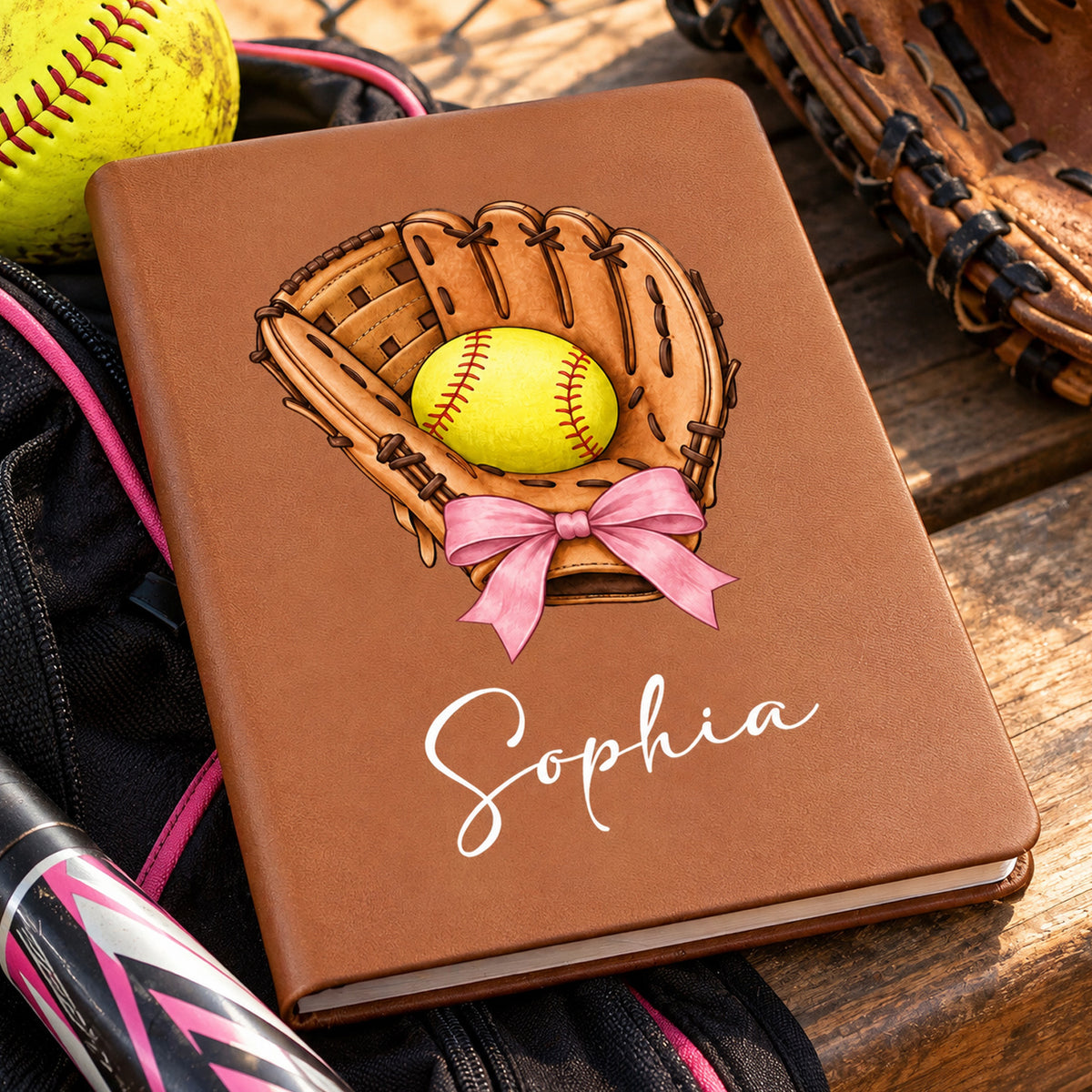 Personalized Softball Glove Leather Journal on a bench beside a softball, gear bag and bat
