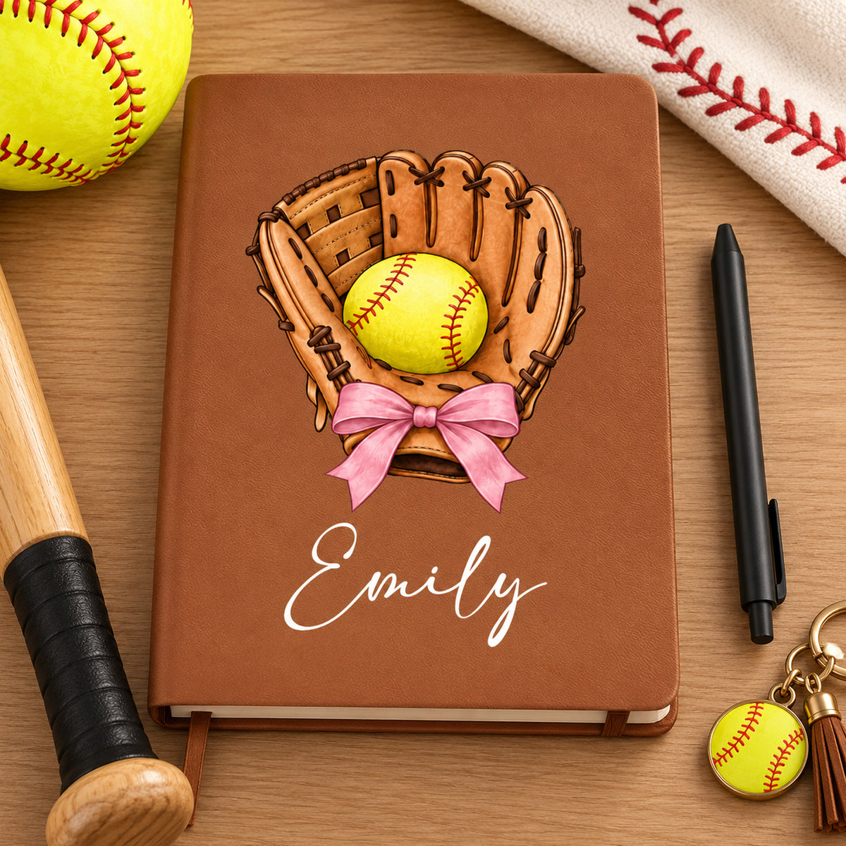 Personalized Softball Glove Leather Journal on a wood table with a pen, bat and softball keychain