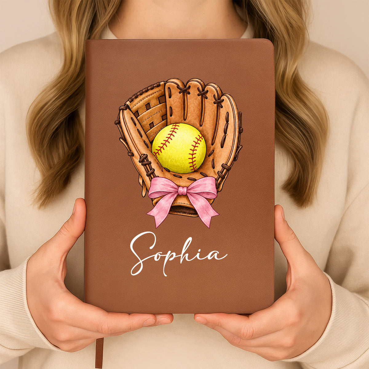 Personalized Softball Glove Leather Journal held in two hands in front of a cream sweater