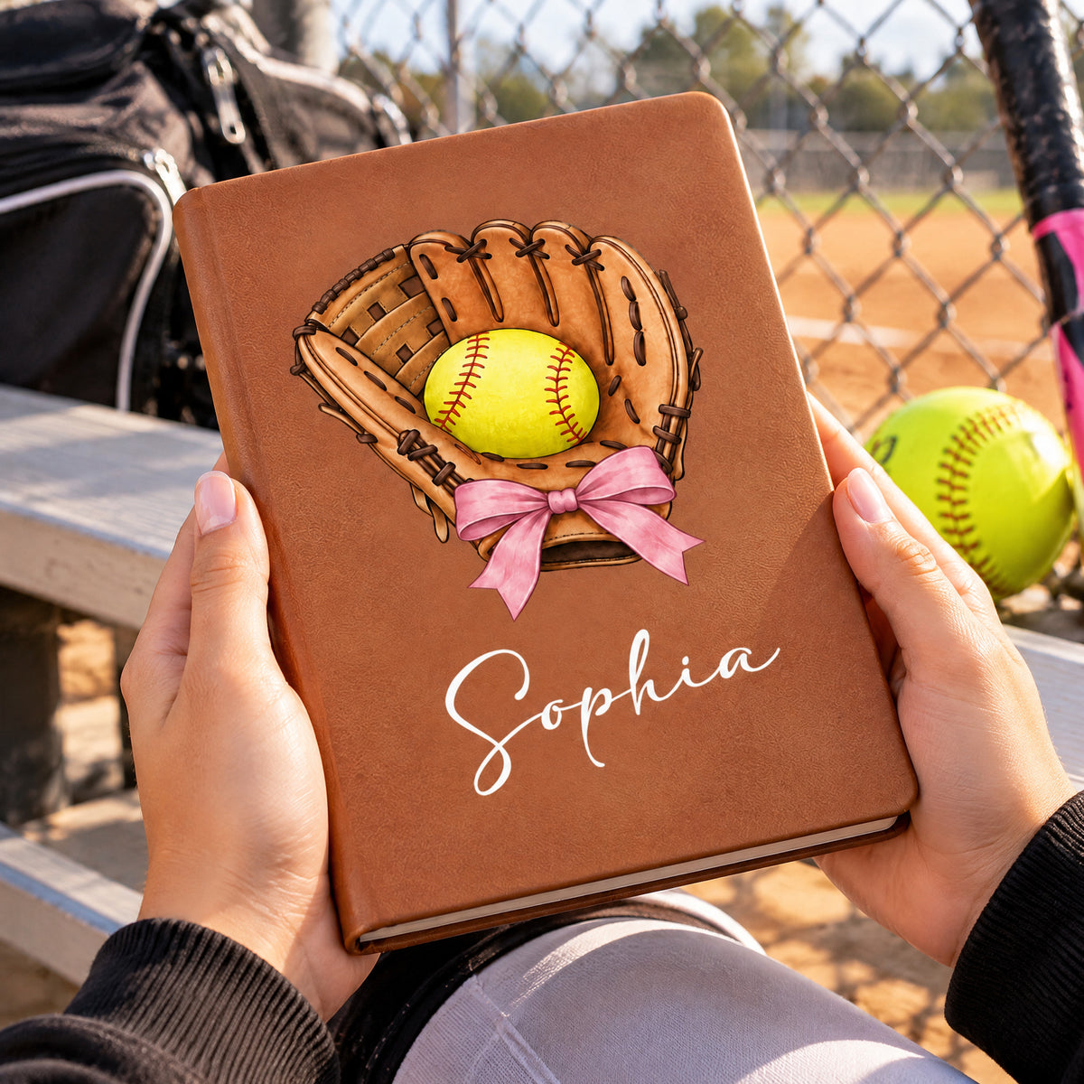 Personalized Softball Glove Leather Journal held at a ballfield dugout by a chain-link fence