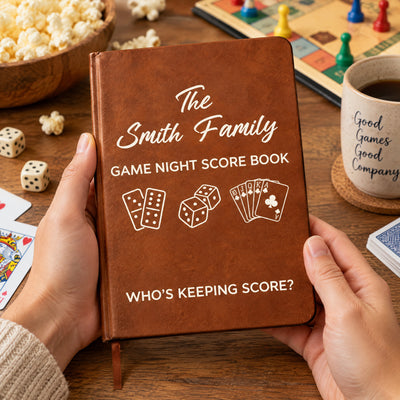Personalized leather journal game night score held open-handed beside popcorn, a board game, dice and a mug on a coaster
