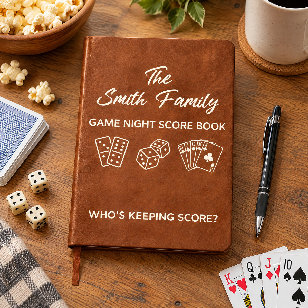 Personalized leather journal game night score lying on a wooden table with a black pen, dice, popcorn and playing cards