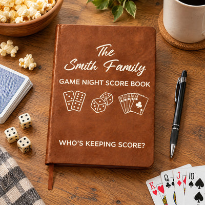 Personalized leather journal game night score lying on a wooden table with a black pen, dice, popcorn and playing cards