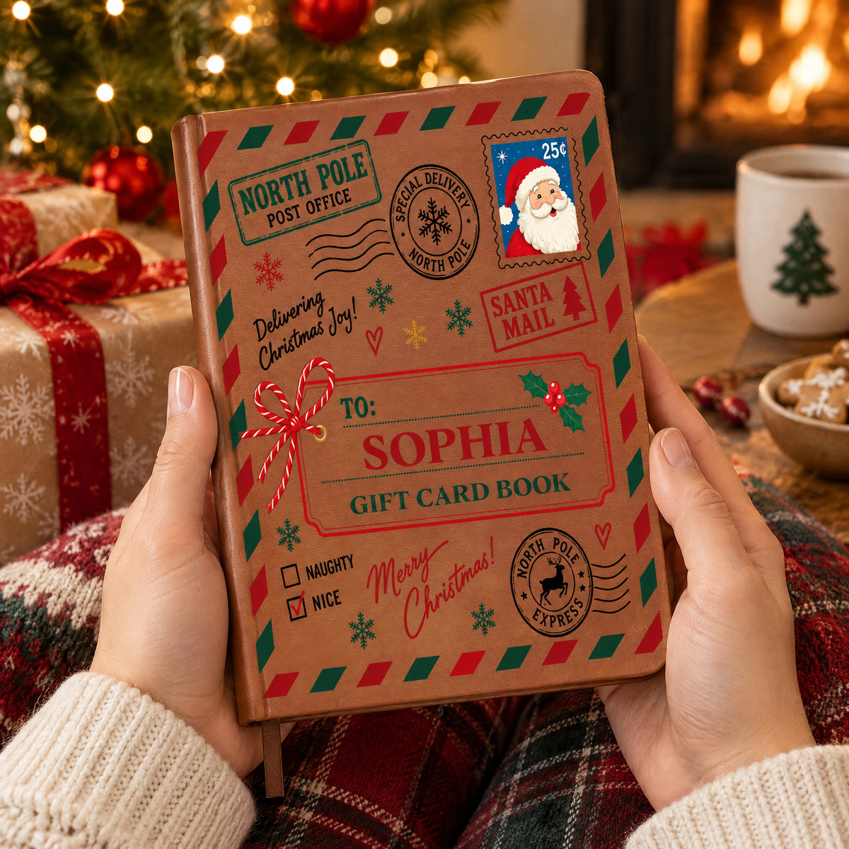 Personalized North Pole Santa Mail Leather Journal held in hands near a Christmas tree, gifts and a mug