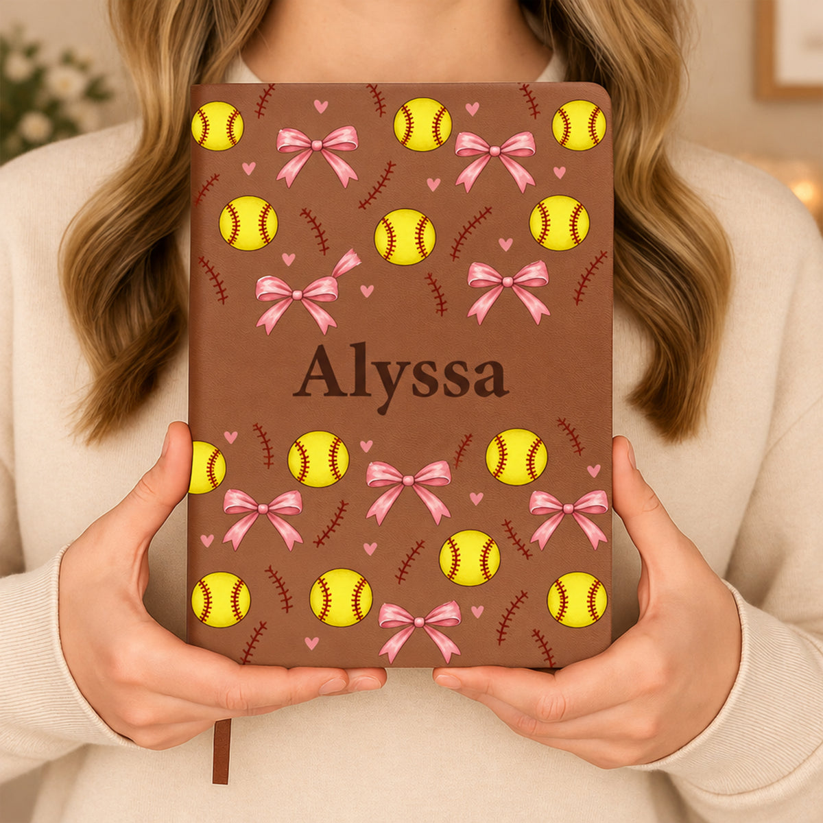 Personalized softball pattern leather journal held upright in both hands by a woman in a cream sweater