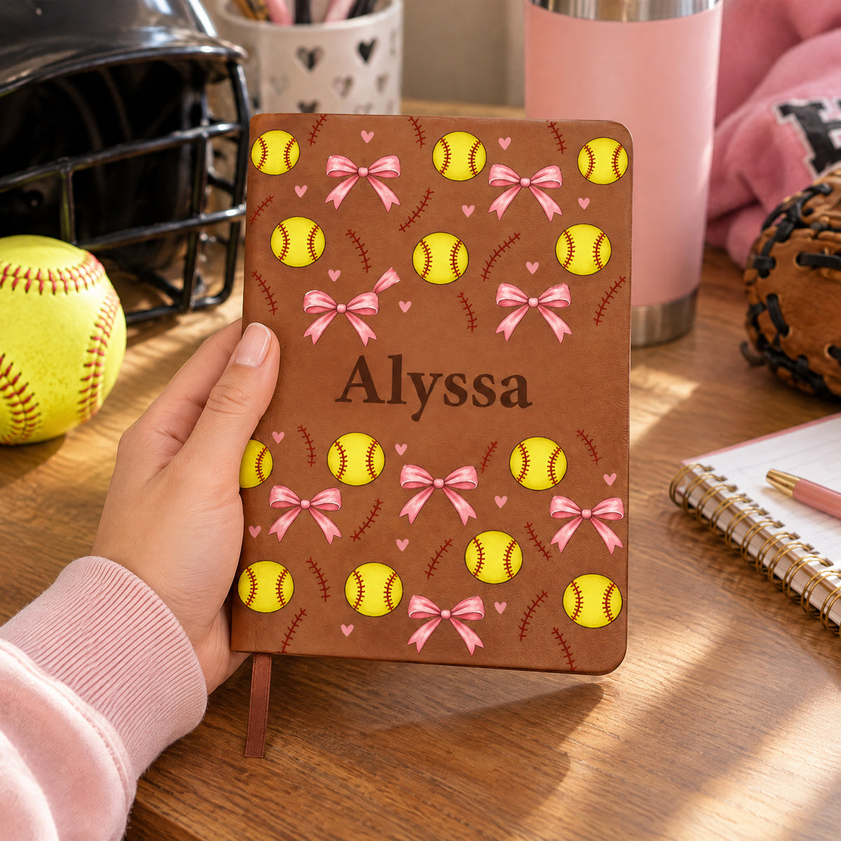 Personalized softball pattern leather journal held in one hand near a softball, helmet and glove on a desk