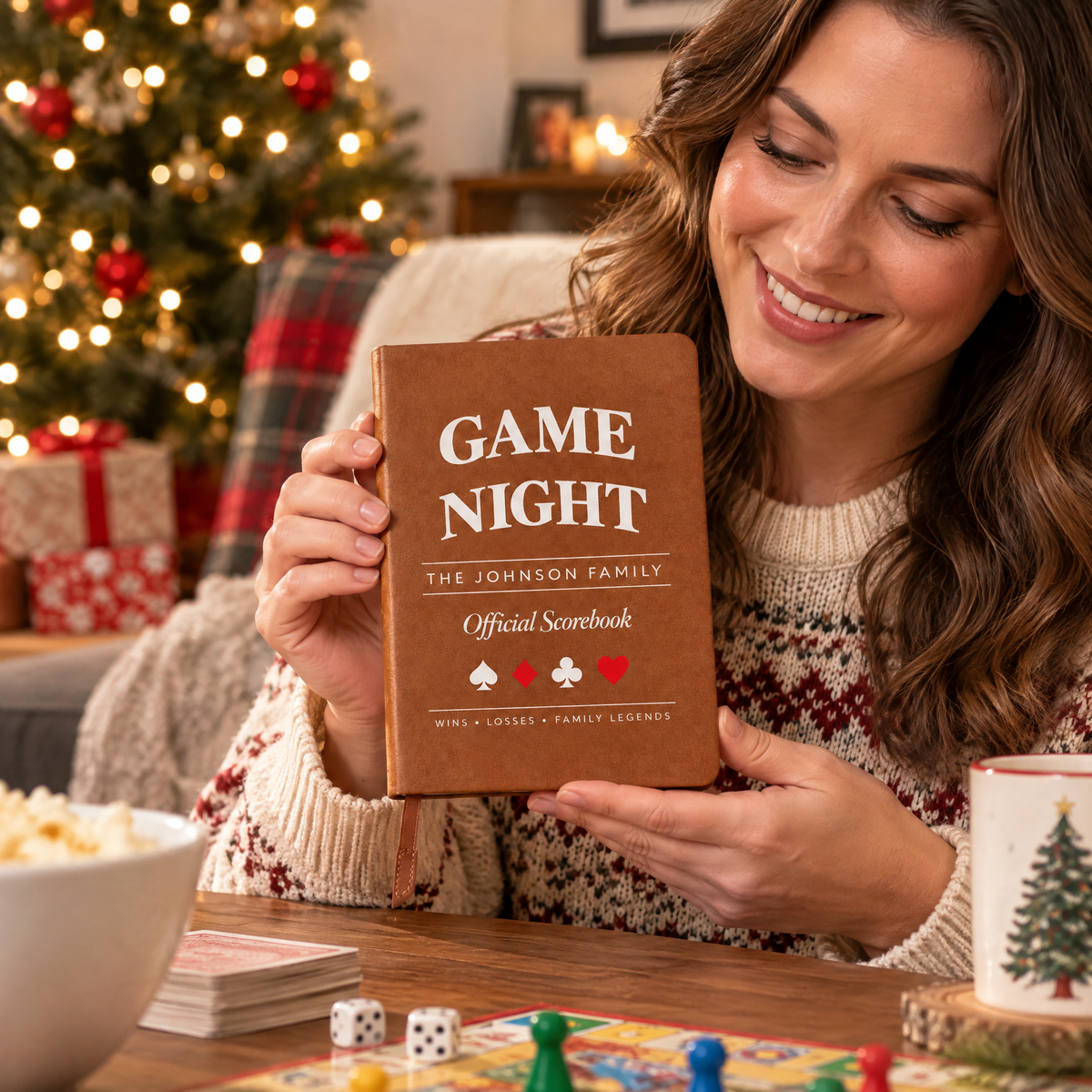 Family Game Night - Personalized Leather Journal, Custom Score Book for Families, Board Game Lover Christmas Gift