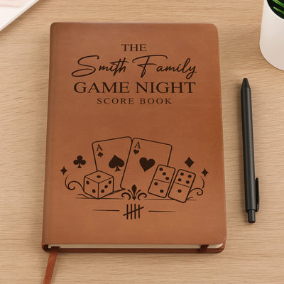 Let The Games Begin - Personalized Leather Journal, Custom Name Family Game Night Scorebook, Family Gift