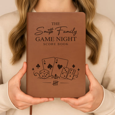 Let The Games Begin - Personalized Leather Journal, Custom Name Family Game Night Scorebook, Family Gift