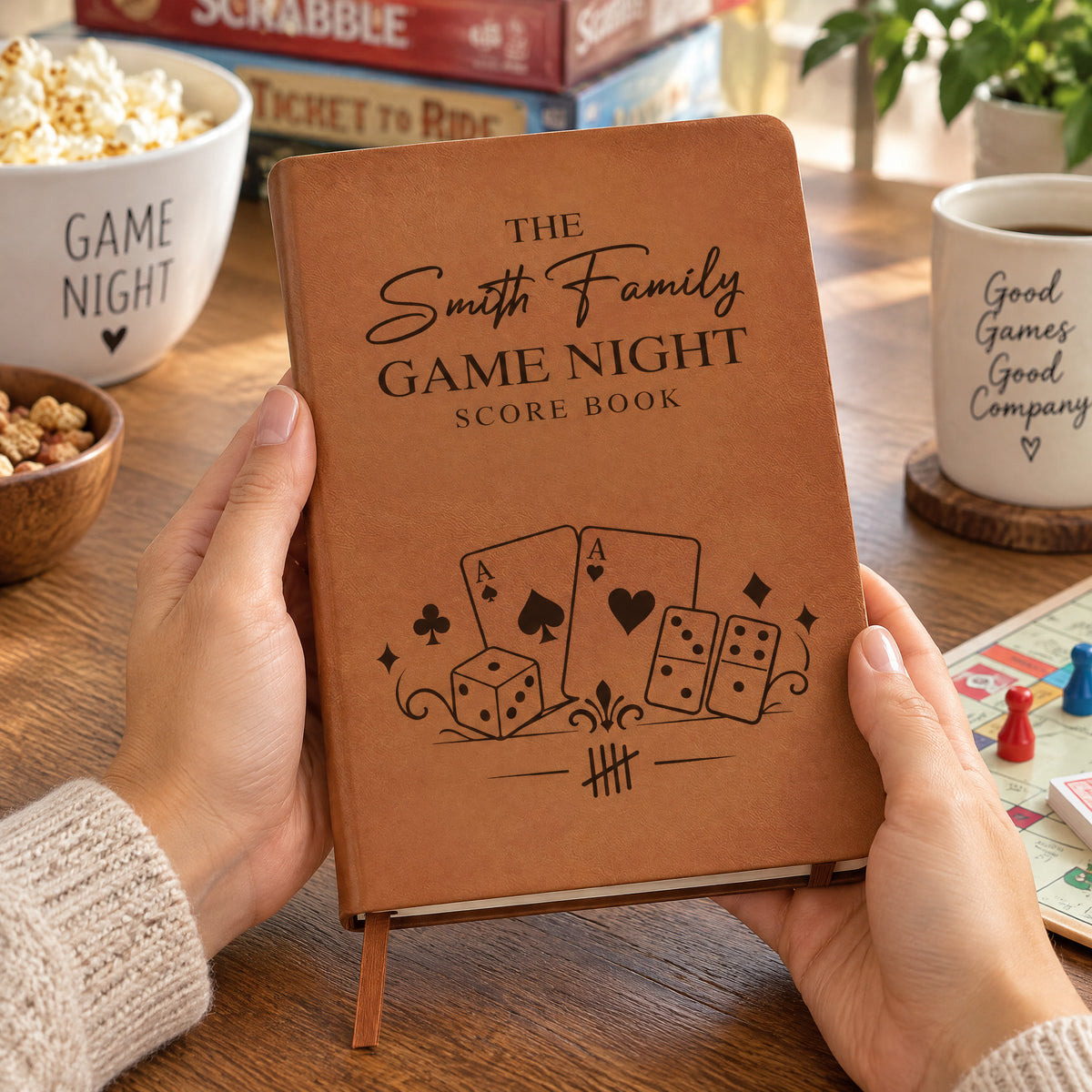 Let The Games Begin - Personalized Leather Journal, Custom Name Family Game Night Scorebook, Family Gift