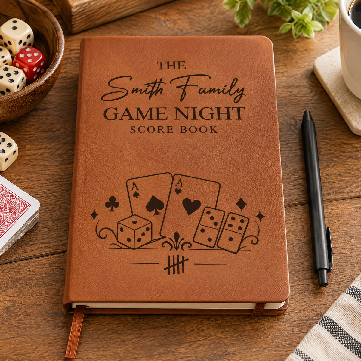 Let The Games Begin - Personalized Leather Journal, Custom Name Family Game Night Scorebook, Family Gift