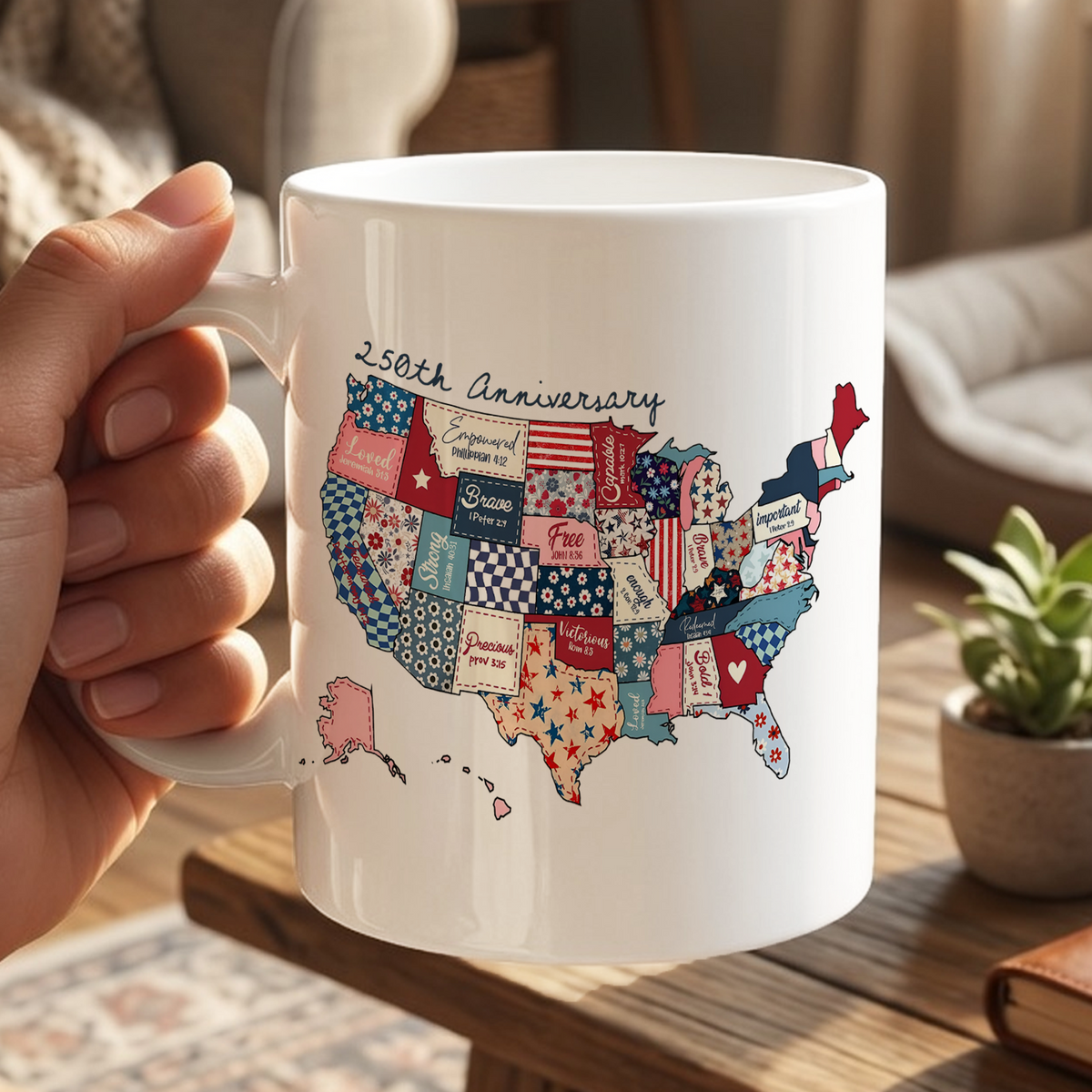 America 250th Anniversary Patchwork Map Mug, Patriotic USA 250 Years Coffee Cup, Semiquincentennial Gift