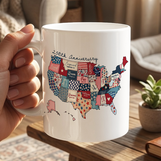America 250th Anniversary Patchwork Map Mug, Patriotic USA 250 Years Coffee Cup, Semiquincentennial Gift