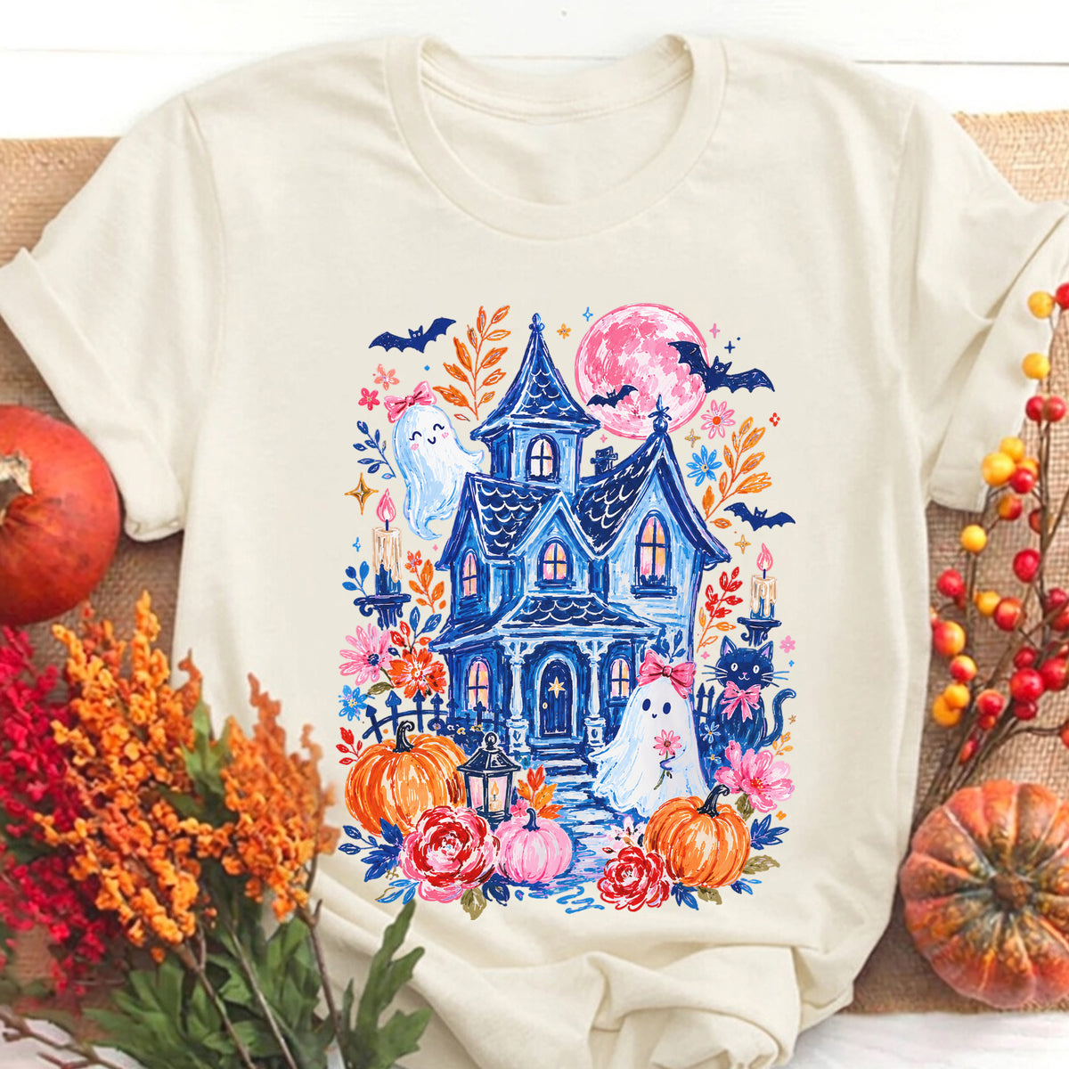 Trendy Haunted House T-shirt, Brushstroke Halloween Shirt, Girly Spooky Season Tee