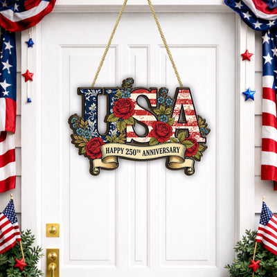 USA 250th Anniversary Wooden Sign, Patriotic Door Hanging Decor