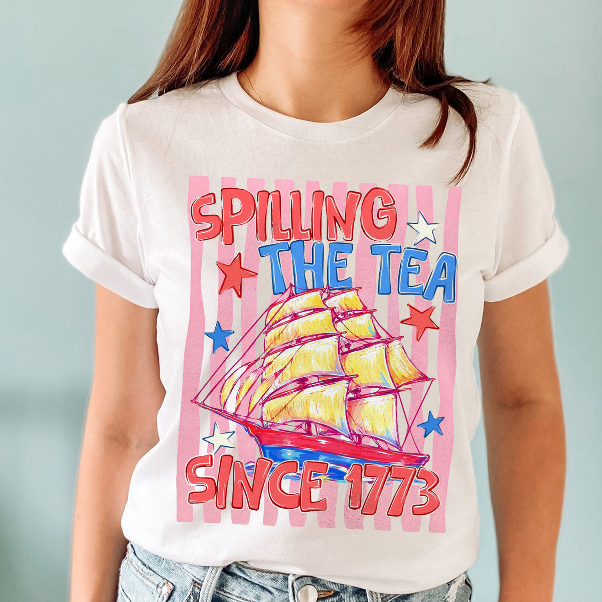 Striped Spilling The Tea Since 1773 Shirt, Funny 4th Of July Tee, Preppy Patriotic USA T-Shirt