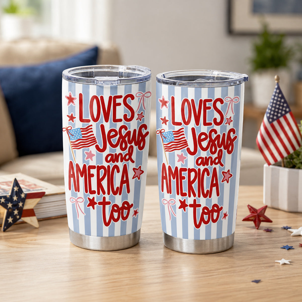 Loves Jesus and America Too Tumbler, Patriotic Christian Travel Cup with American Flag
