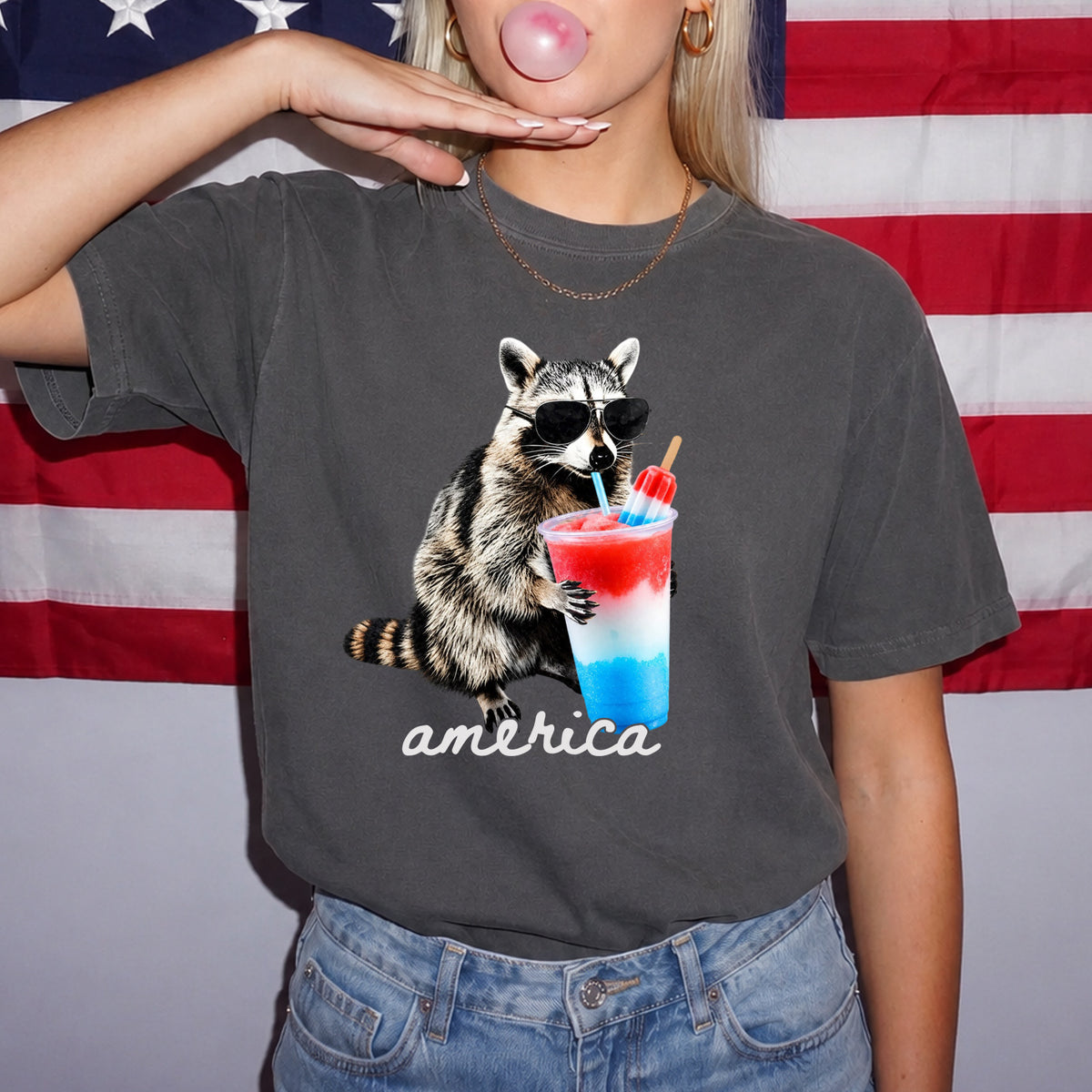 America Raccoon Drinking Patriotic Slushie T-shirt, Funny American Meme Tee, Red White Blue Popsicle Drink Shirt