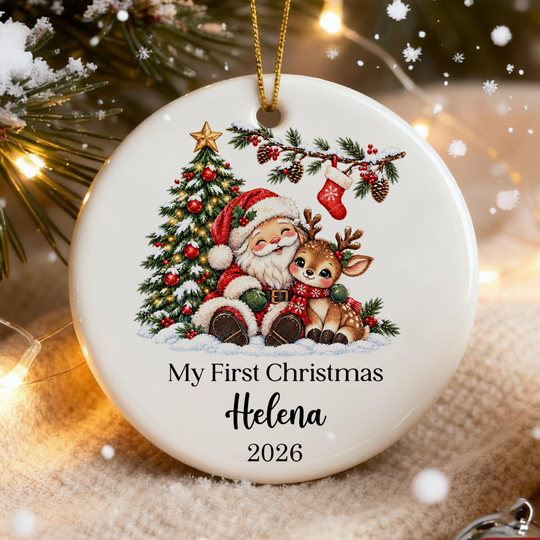 Santa Reindeer My First Christmas  -  Personalized Ceramic Ornament, Baby Girl Baby Boy First Christmas Gift, Baby Shower Gift