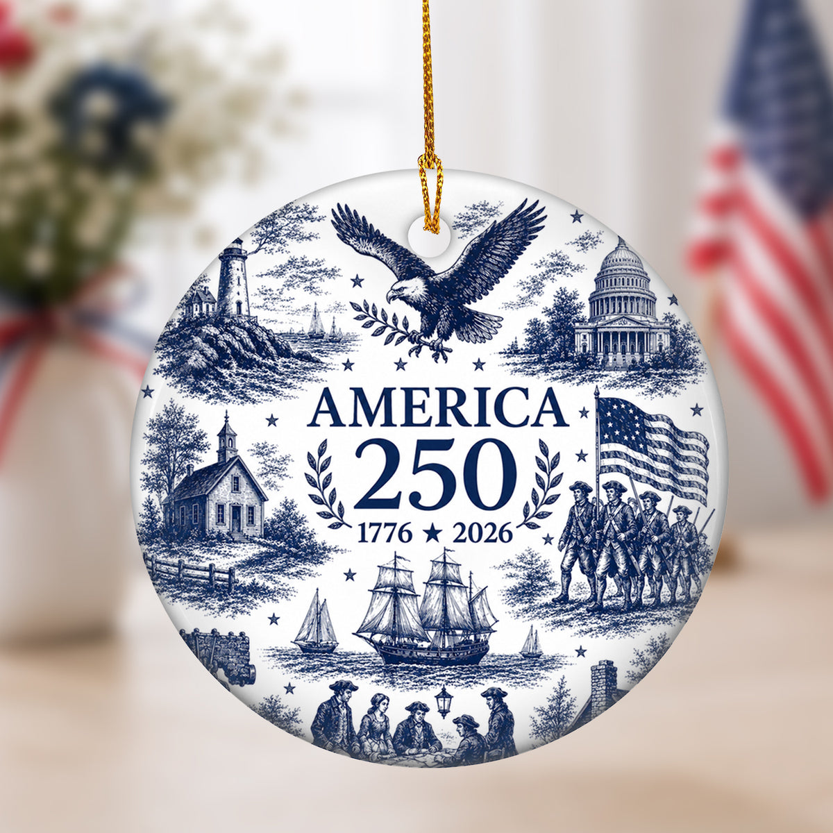 250 Years of American History - America 250th Anniversary Ornament, Blue Toile Patriotic Christmas Keepsake, USA 1776–2026 Ceramic Ornament