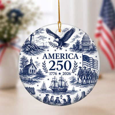 250 Years of American History - America 250th Anniversary Ornament, Blue Toile Patriotic Christmas Keepsake, USA 1776–2026 Ceramic Ornament